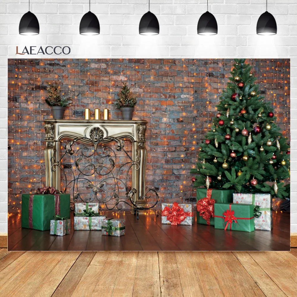 

Laeacco Indoor Red Retro Brick Wall Christmas Tree Gift Photocall Background Baby Child Portrait Customized Photography Backdrop