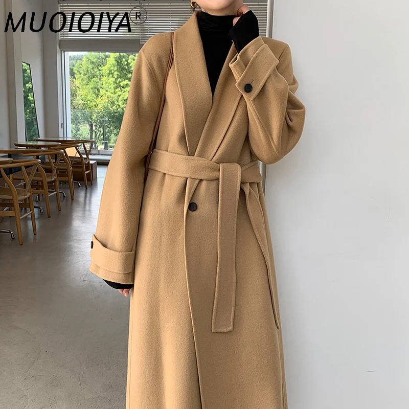 

Women Minimalist Long Woolen Coat With Belt Full Sleeve Loose Autumn Winter Korean Ladies Overcoat Casual Plus Size Outerwear