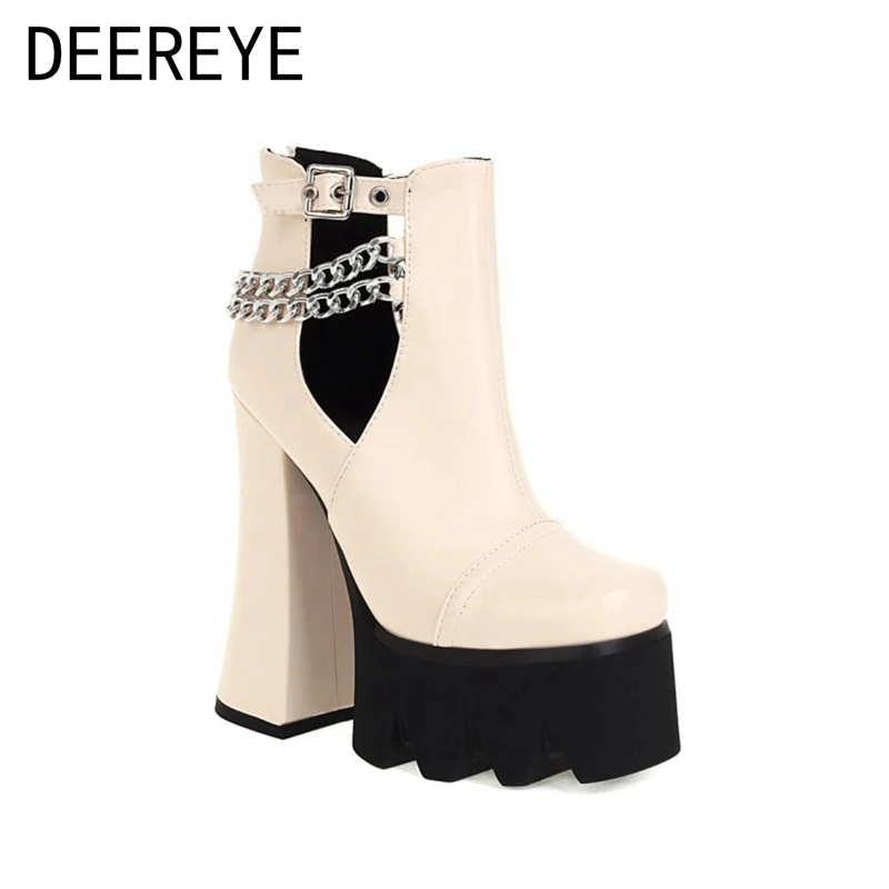 

2021 Women PU Ankle Boots Side Hollow Silver Chain 15CM Chunky High Heel Buckles Platform Square Toe Back Zipper Party Booties