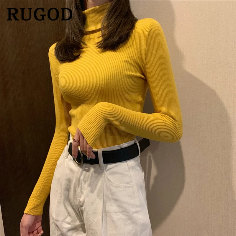 RUGOD Casual Solid Basic Knitted Blouse Women Elegant Turtleneck Long Sleeve Tunic Auturm Bottoming Pullover Tops 2019 new | Женская