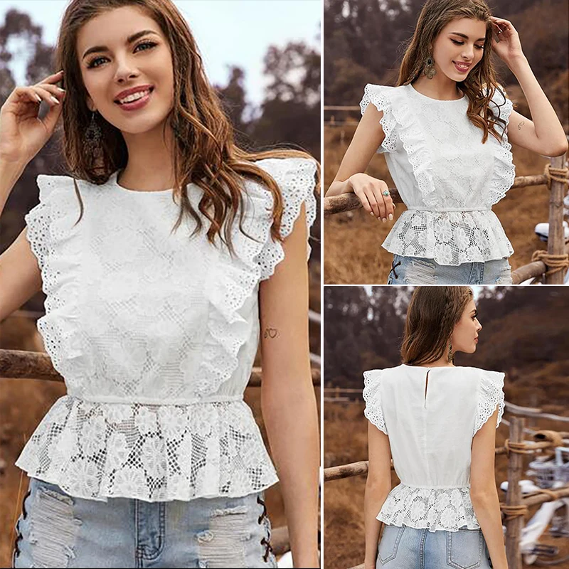 

Women Sleeveless Blouse Top Ruffles White Lace Blouse Summer Shirt Blouse Female T Shirt Casual White
