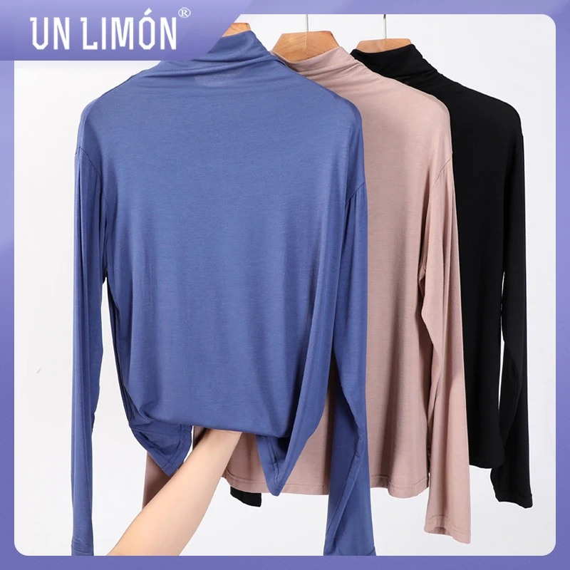 

UNLIMON Women Long Sleeve Tshirts Korean Fashion High Collar Modal Cotton Top
