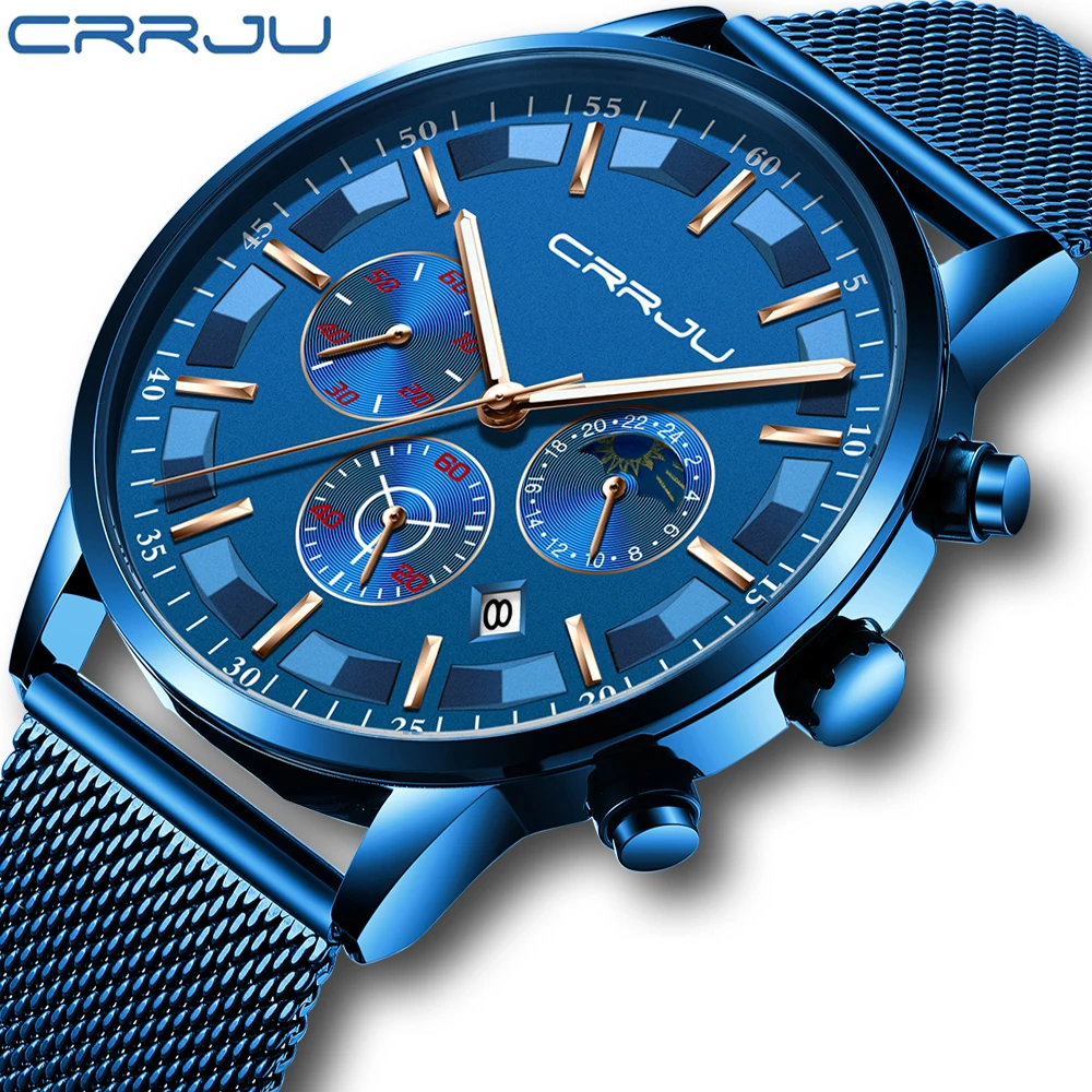 

Luxury Brand CRRJU Men Watch Business Multi-function Chronograph Mesh Wristwatch Fashion Casual Quartz Watch 24 Hour Display