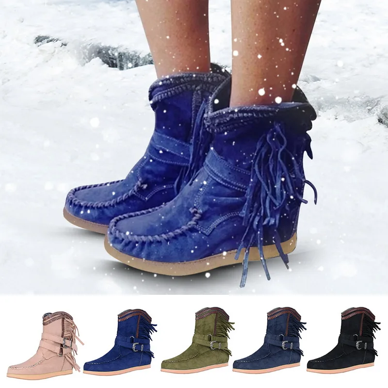 Новинка 2020 года Женские ботильоны с кисточками и круглым носком Ботинки пряжкой
