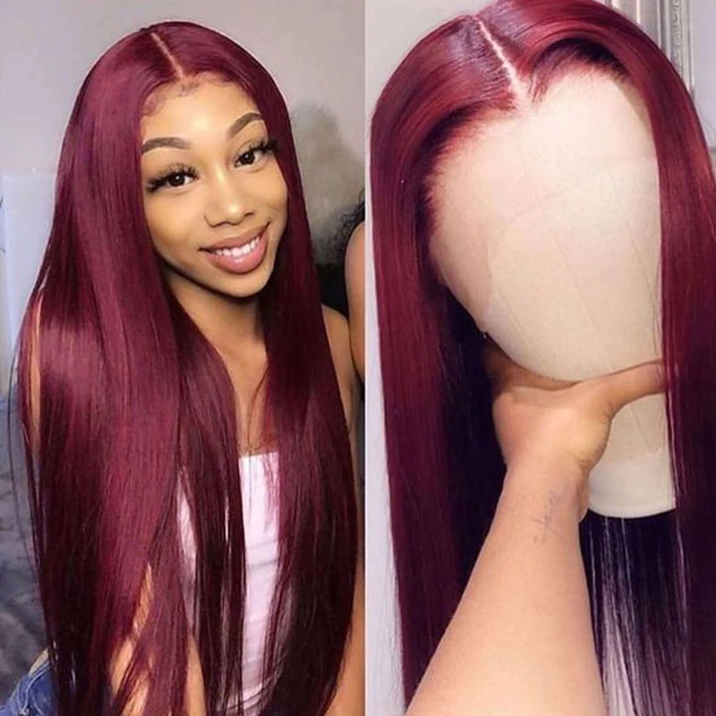 

Бордовый красный парик, синтетические кружева спереди, плотность Wigs180, длинные шелковистые прямые парики для черной бриллиантовой кружевно...