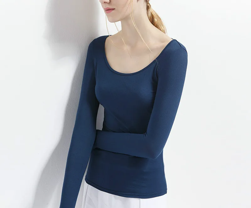 

Новинка Зима 2021, однотонная женская футболка из модала с U-образным вырезом и длинным рукавом