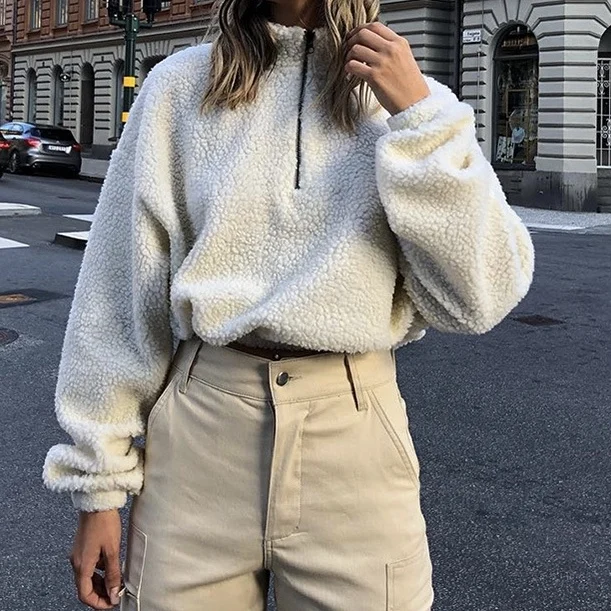 

Autumn and winter women's new lamb hair zipper casual fashion sweater coat