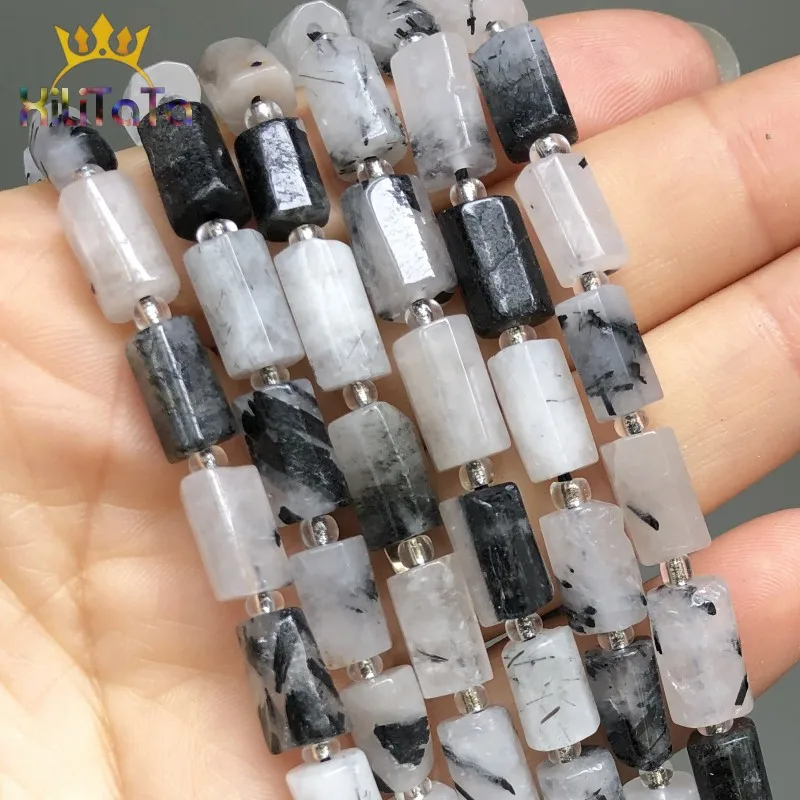 

Natural Faceted Black Rutilated Quartz Stone Beads Cylinder Loose Beads For Jewelry Making DIY Charms Bracelet Accessories 7.5''