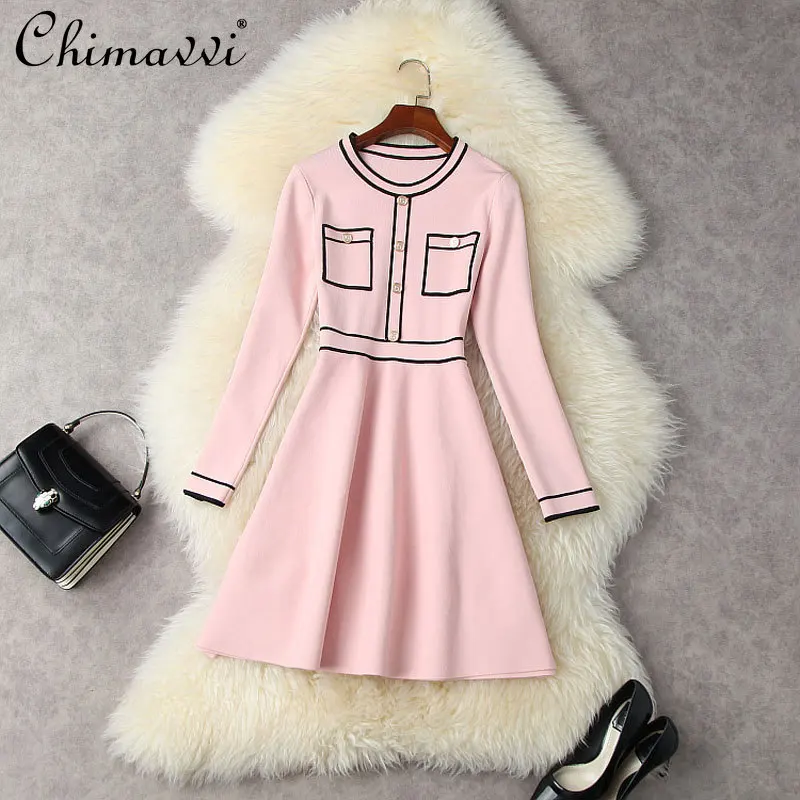 

Женское трикотажное платье в стиле Хепберн, Короткое облегающее платье с круглым вырезом и длинными рукавами, Осень-зима 2021