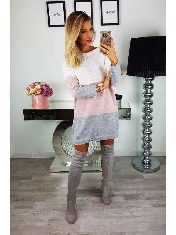 

Новый большой женский вязаный кардиган с длинным рукавом, джемпер в полоску, свободные топы, свободный свитер с круглым вырезом, платье на о...