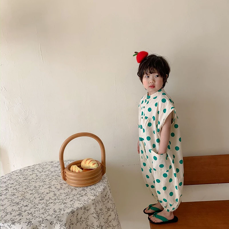 

Baby Girls Party Costumes 2022 New Summer Kids Casual Jumpsuits Korean Fashion Children Ploka Dot Print Clothing 2-6Y