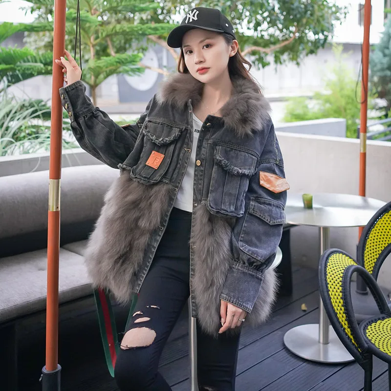 

Женская джинсовая куртка в ковбойском стиле, Повседневная теплая парка большого размера с натуральным лисьим мехом, KZ04