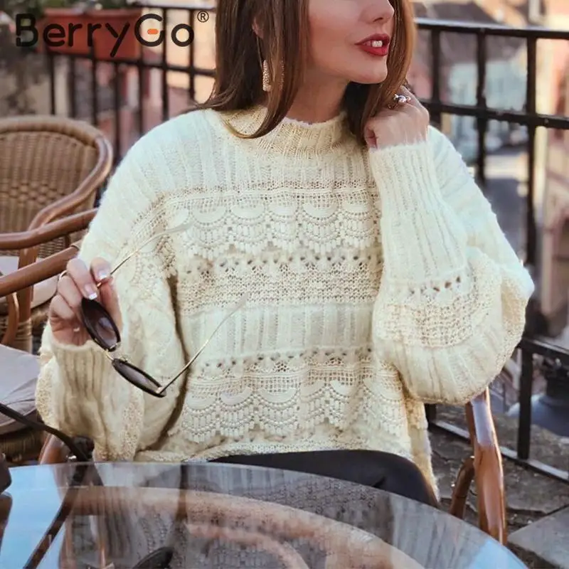 BerryGo Lace embroidery pullover sweater women Autumn winter korean female sweaters Casual streetwear ladies jumper pull |