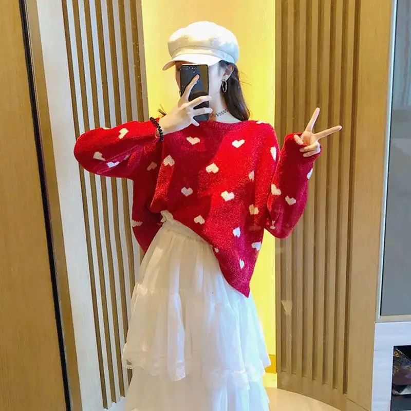 Новинка 2019 года осенне-зимний Корейский Свободный пуловер красного цвета с