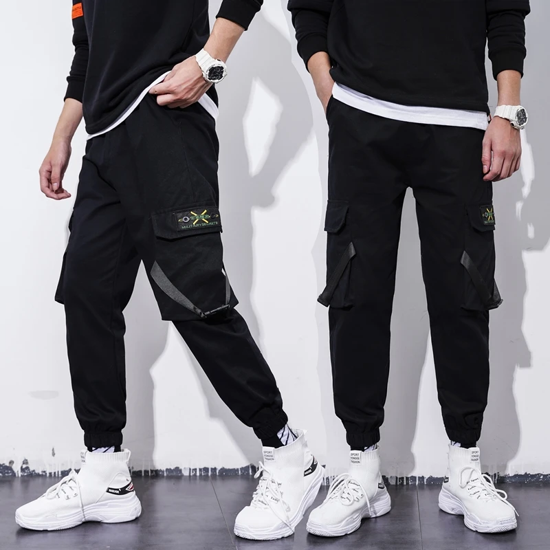 

Spring Streetwear Ribbons Casual Cargo Pants Men Black Joggers Pants Side-pockets Cotton Male Trousers Harem Style Plus Size 5XL