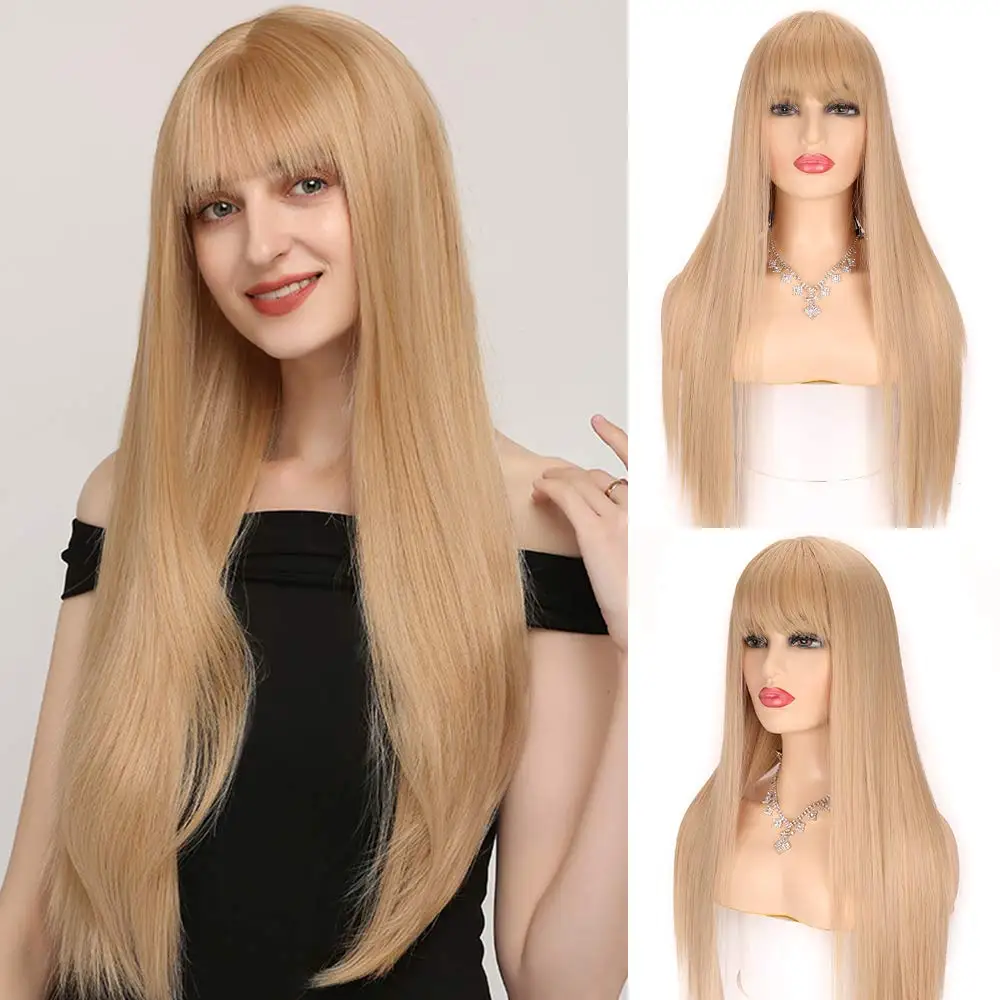 

FTYWIGS 28-дюймовые Золотые женские длинные прямые волосы парик с высоким блеском медово-золотые термостойкие синтетические ленты для волос че...