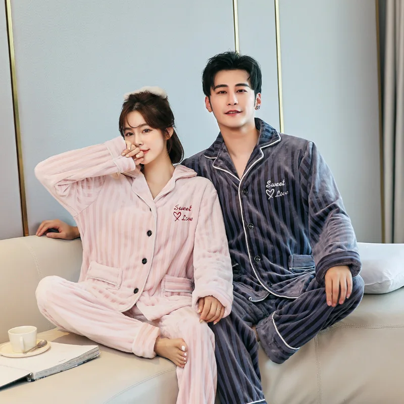 

Couple 2PCS Striped Pajamas Set With Pocket Sleepwear Winter Flannel Warm Shirt&Pant Nightwear Casual Letter Print Home Clothes