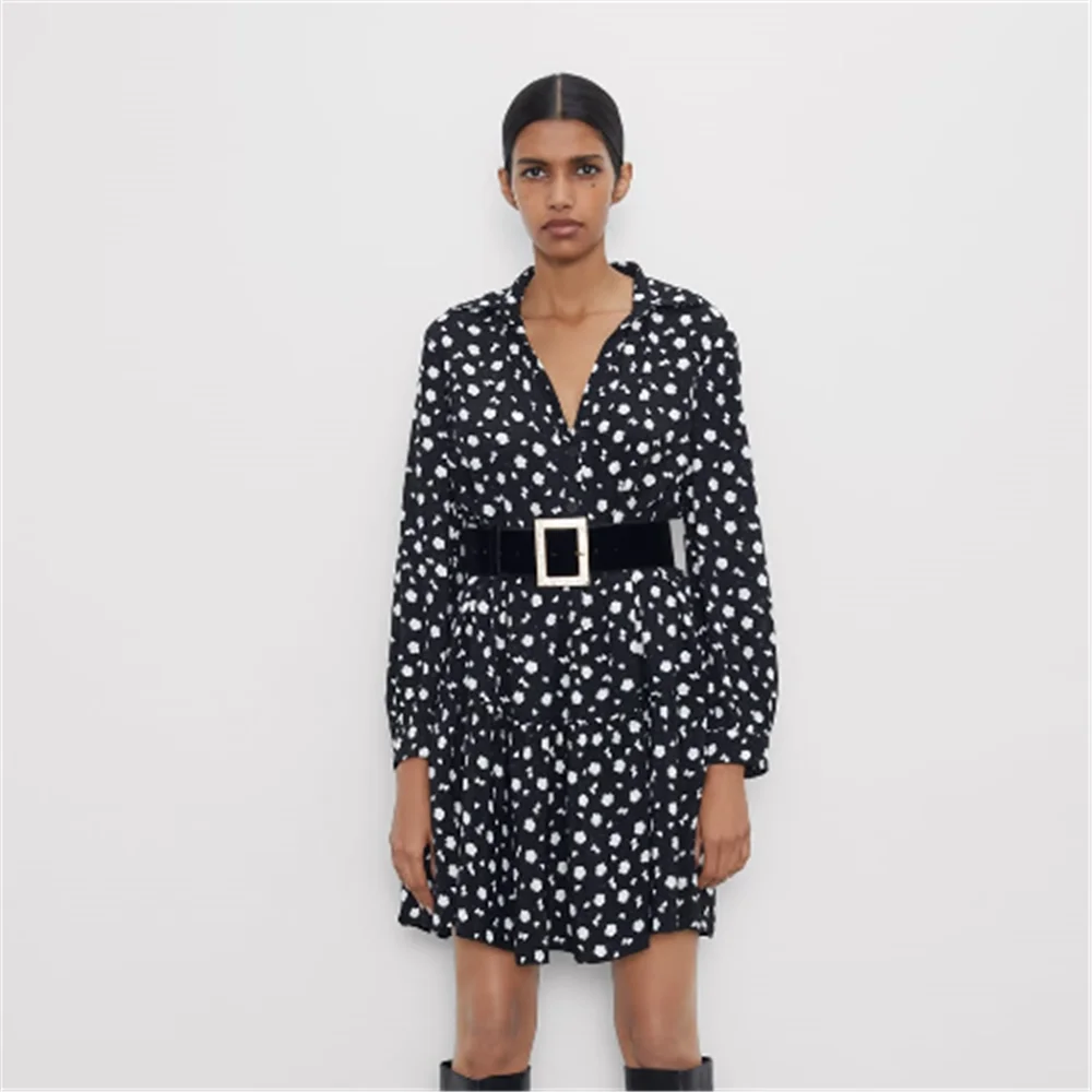 Женское мини платье с принтом ZA богемное отложным воротником и длинным рукавом