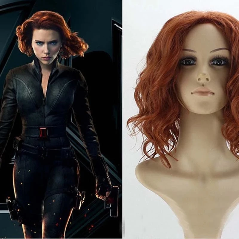 Black Widow Cosplay Wigs Natasha Romanoff Wig Short Curly Mixed Red Brown Heat Resistant Synthetic Hair + Free Wig Cap