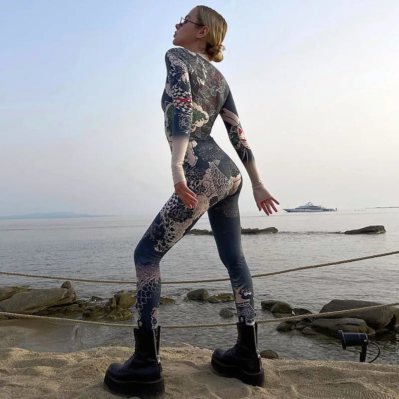 

Женский комбинезон, клубный комбинезон Y2k, комбинированный женский комбинезон с принтом, элегантная женская одежда, облегающий цельный ком...