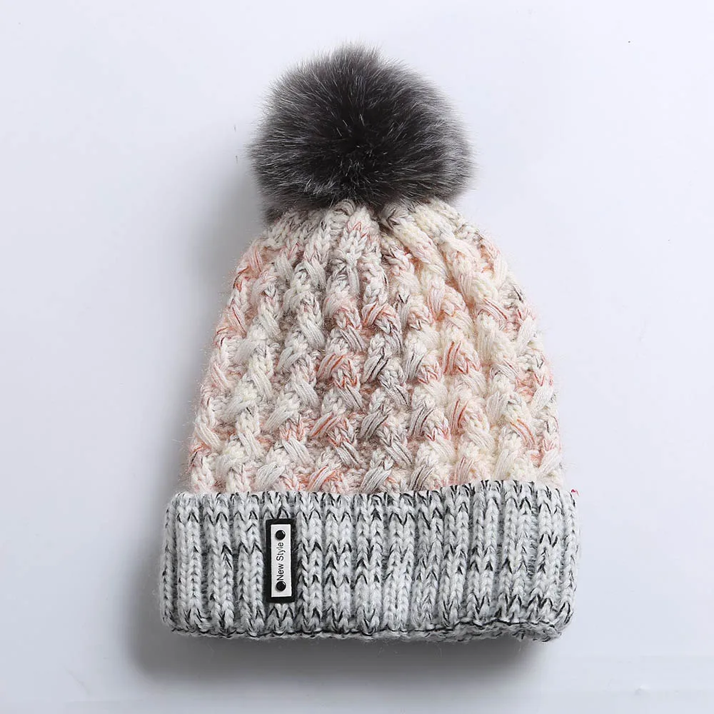 Beige Knitted Cap FS стиль зимние шапки для женщин Мех животных Pom Beanie вязаный Skullies Красный розовый плюс бархат открытый уха головы теплые шапки с помпоном - Цвет: Beige Knitted Cap