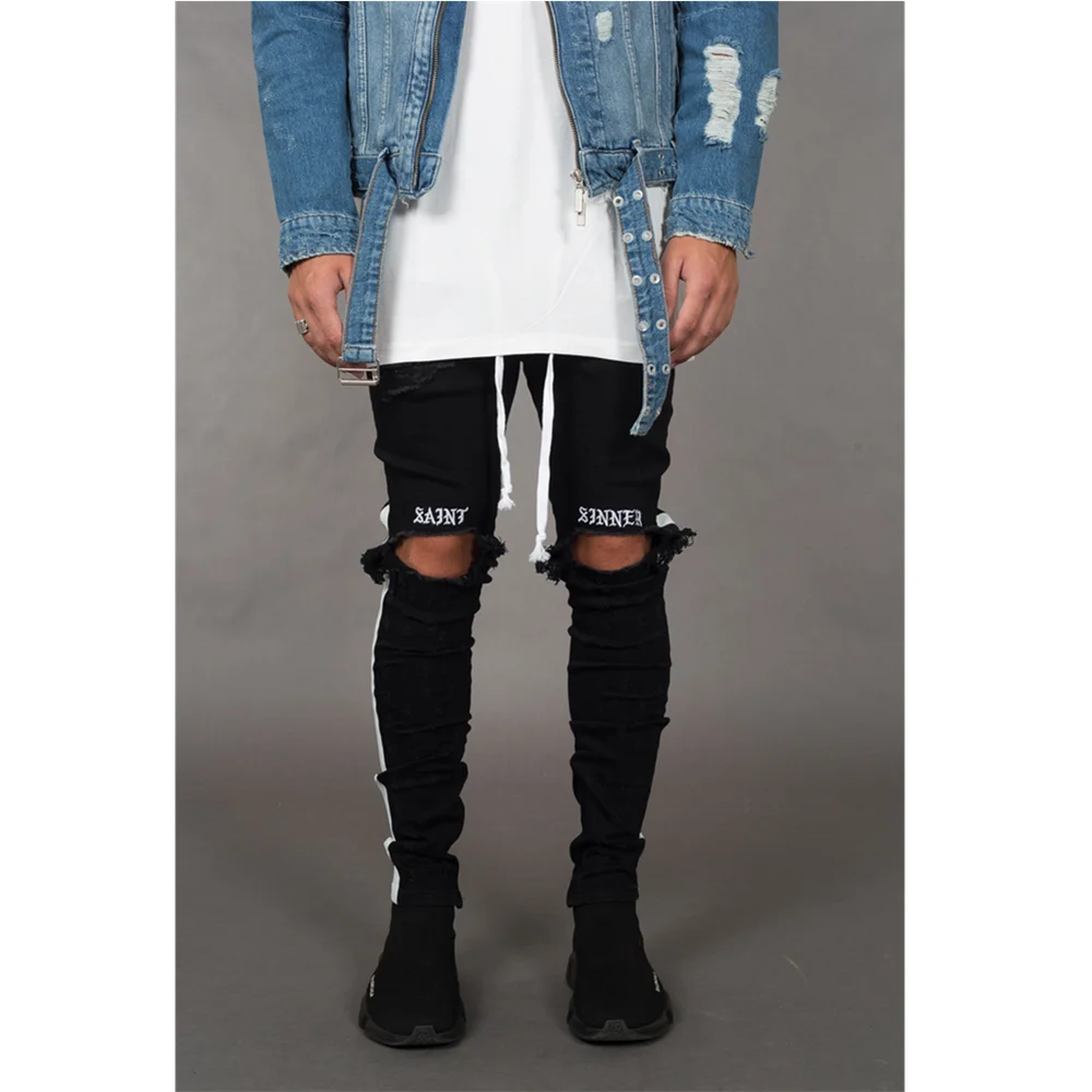 Men's Pants Bare Knees Streetwear Denim Jeans for Men Ripped Hole Stretch Jeans Plus Size Full Length Pencil Pants Side Stripes