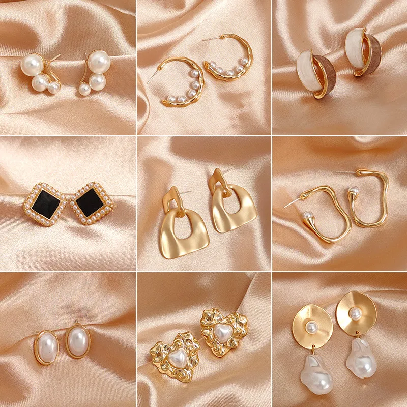 

New Fashion Exquisite Golden Metal Irregular Geometric Pearl Earrings For Women Female Party Jewelry Gifts
