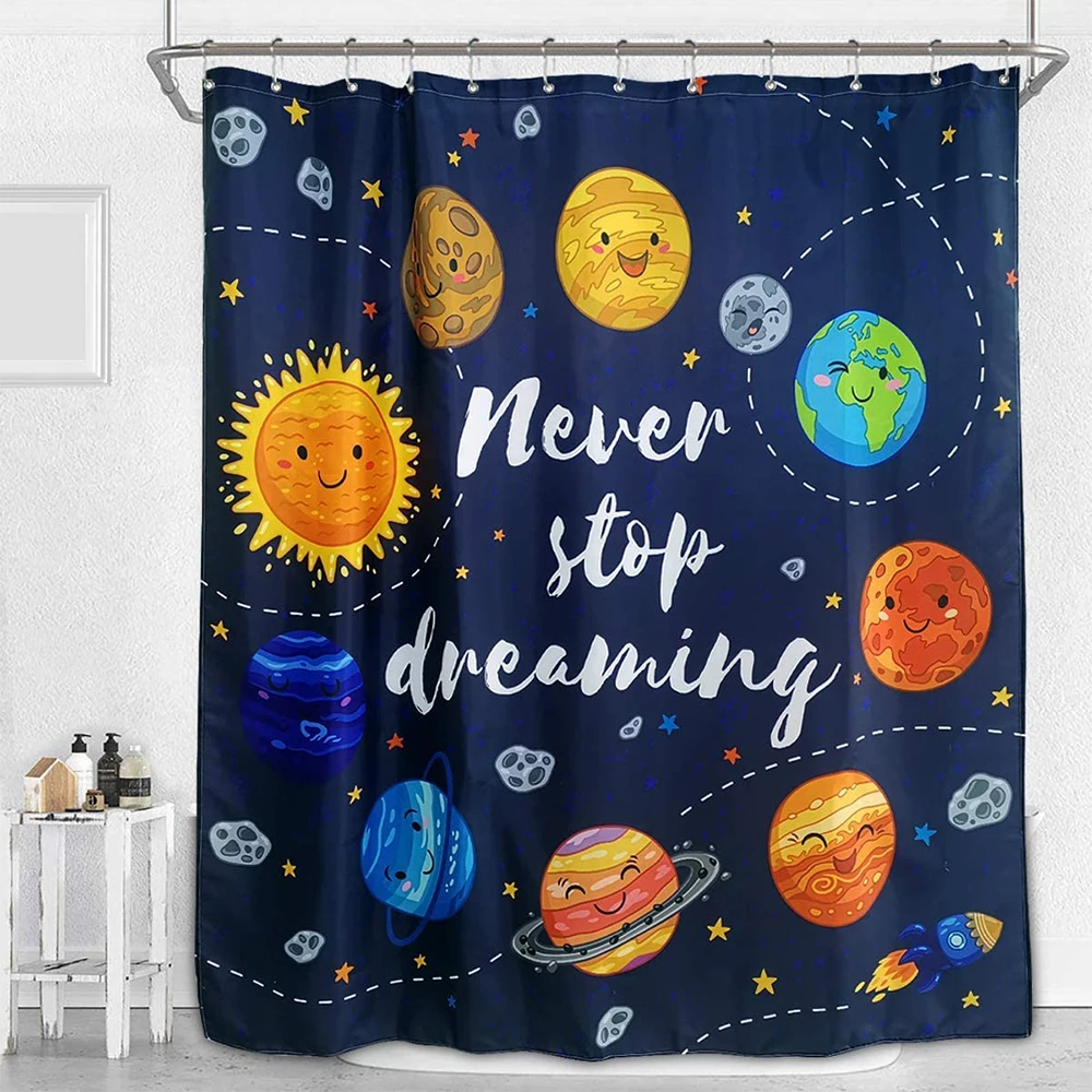 Kids Space Galaxy Cartoon Bath Curtain Waterproof Shower Screen with 12 Hooks Non-slip Bathroom Decor 3d Print Washable Material