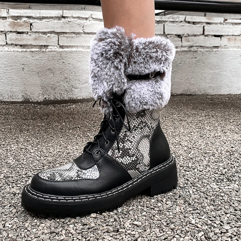 

Autuspin Fashion Fur Snow Boots Winter Women Genuine Leather Side Zipper Motorcycle Botas Female Party Wedged Chunky Heels Shoes