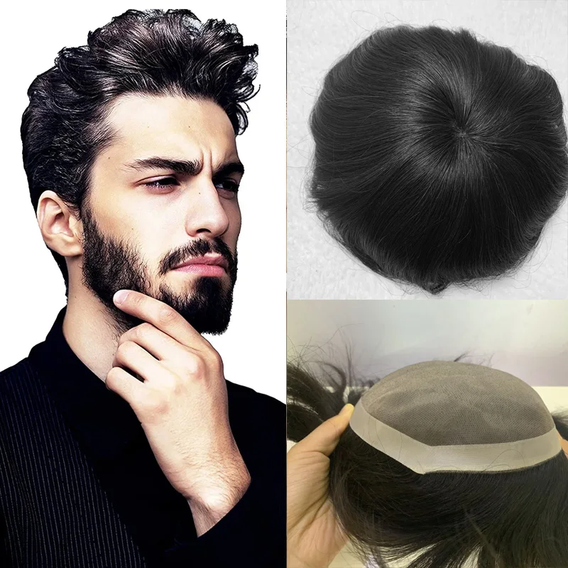 Indian Human Remy Hair Toupee For Men Mono Lace& PU Hairpiece Natural Looking Hair Mens wig Replacement Toupee Human Remy Hair