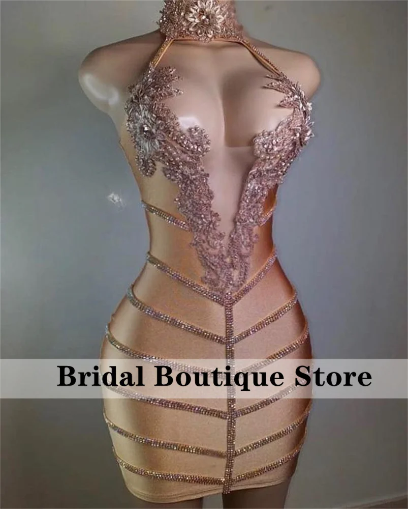 

High Neck Beaded Prom Dresses Short 2022 Sexy Mermaid Formal Party Celebrity Gowns Long Sleeve robes de soirée