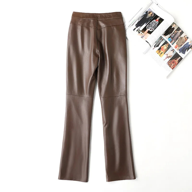 

JCHB 2021 100% Sheepskin Leather Pants Female Korean Fashion Flare Pants Black Trousers for Women Spring Pantalones De Mujer Pp