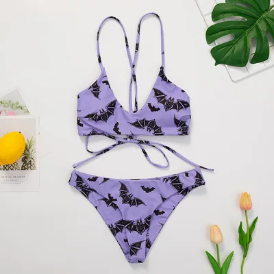 

Sexy High Leg Bikinis Set 2 Piece Bikini 2021 Halloween Bat Print Strappy Bandage Bathing Suit Tie Female Swimwear Biquini NEW