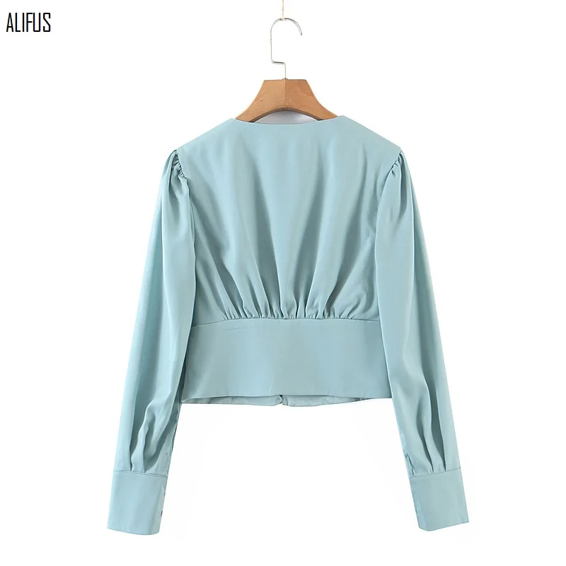 

Europe and the United States 2020 autumn new sexy V-neck double-layer shirt-breasted short top