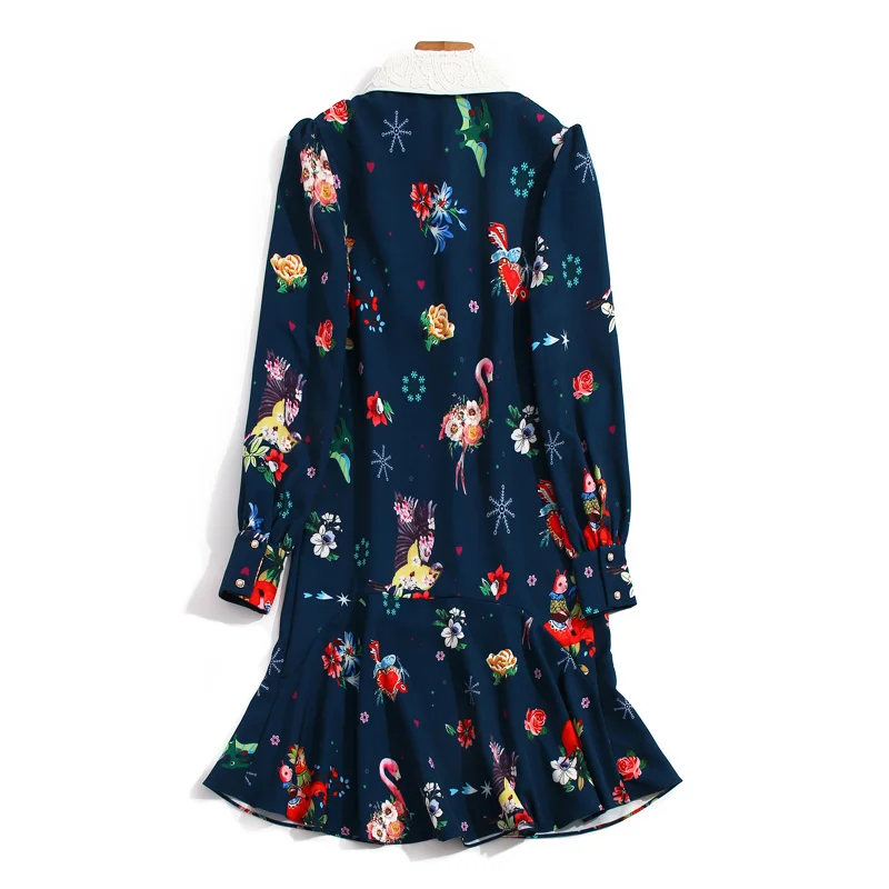 

Designer Spring New Women'S Pearl Diamond Beading Lace Lapel Stitching Long Sleeve Floral Casual Fashion Party Mini Dress