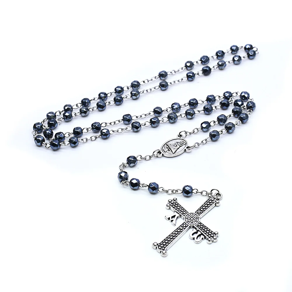 

2021 New Style Black White Crystal Rosary Cross Necklaces Virgin Mary Pendant Retro Religious Prayer Jewelry