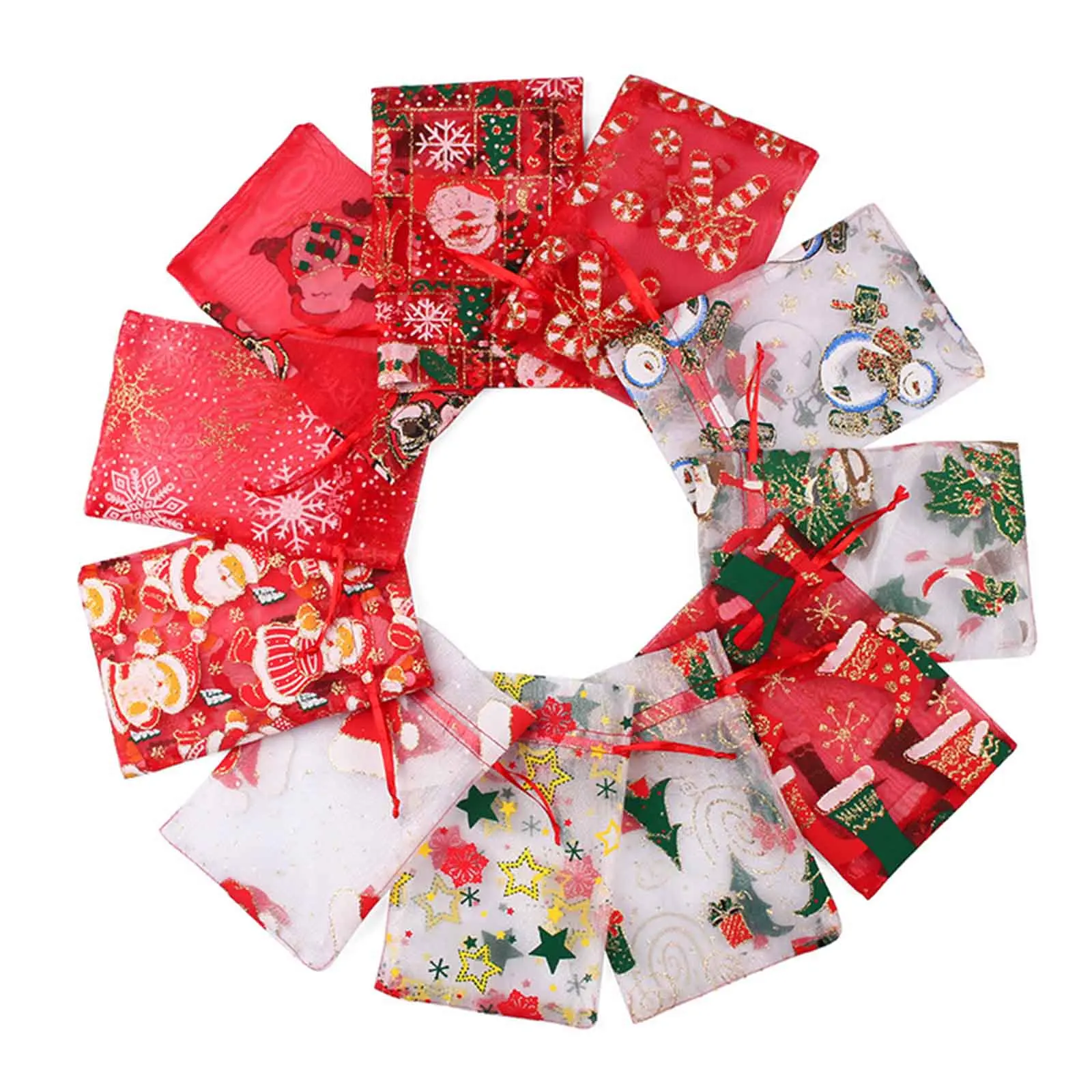 

50pcs Christmas Organza Favor Bags Xmas Snowman Santa Claus Drawstring Pouches Candy Gift Elk Beam Storage Bag For The Elderly