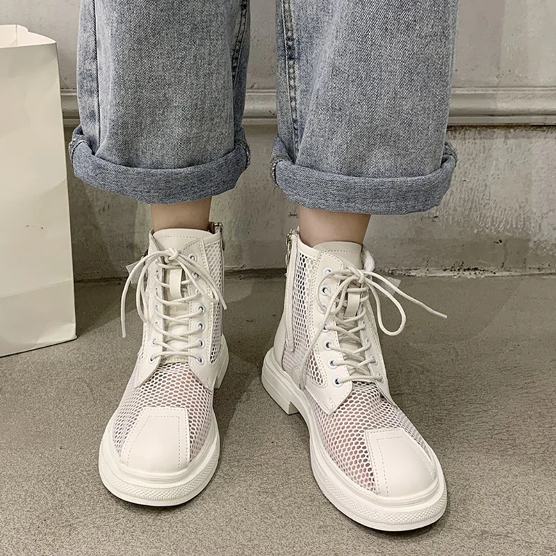 

Ladies Hollow Mesh Ankle Boots Lace-up Zipper Breathable Shoes Casual Low Heel White Low Ankle Boots All-match Ankle Boots