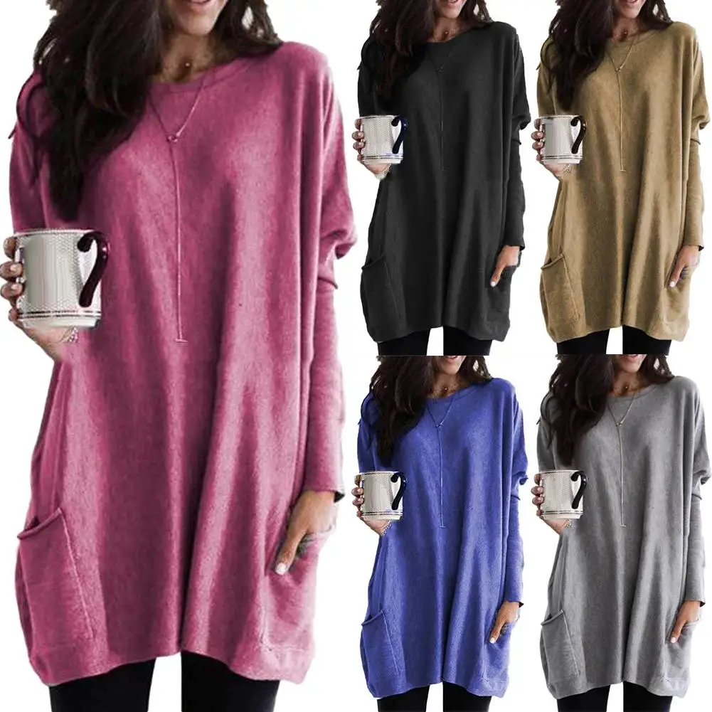 Plus Size Women Solid Color Sweater O-Neck Long Sleeve T-Shirt Tunic Top New with Pockets 2019 | Женская одежда