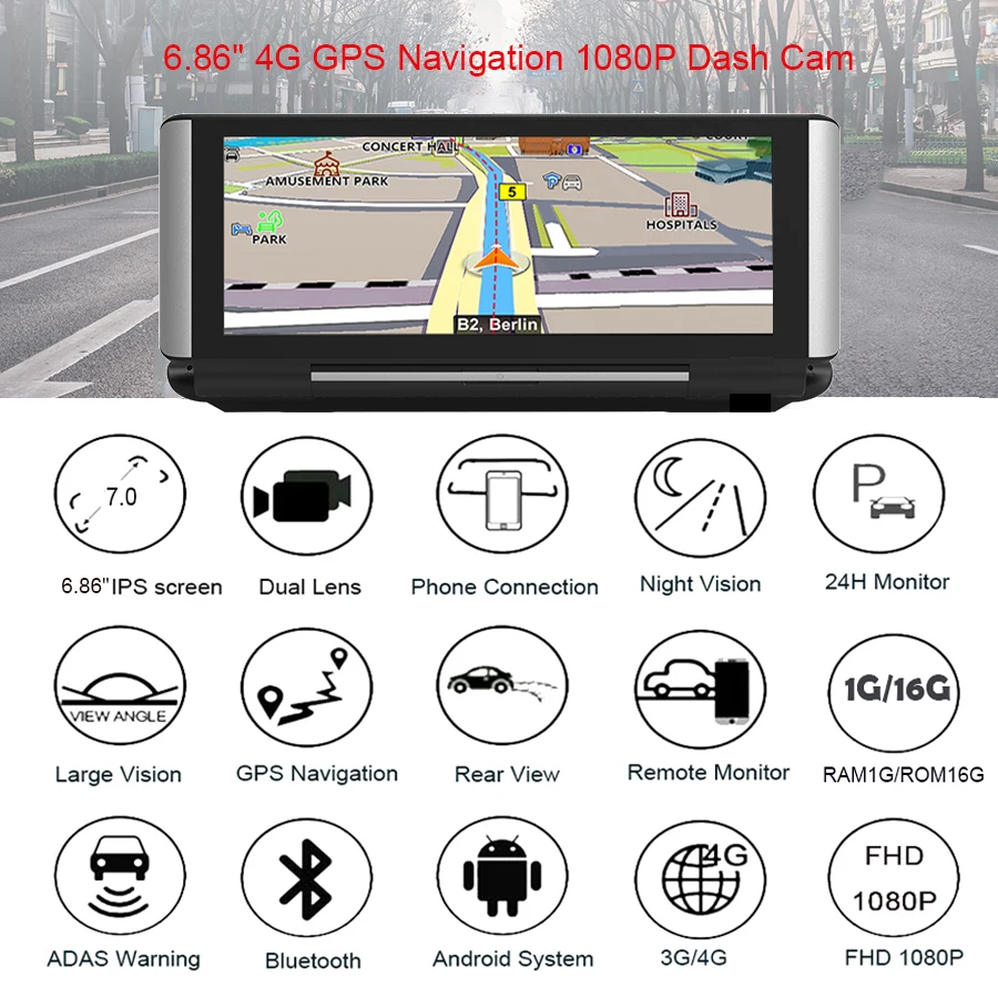 Anfilite 6,8" 3g/4G Автомобильный видеорегистратор gps навигация ADAS Android 5,1 1G/16G wifi Full hd 1080P видео регистратор видеорегистратор
