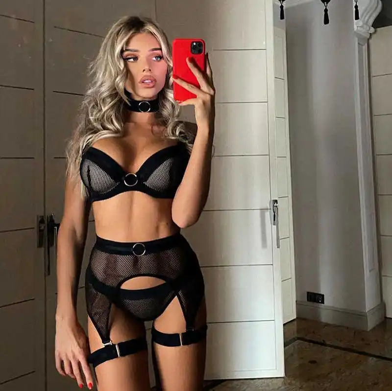 

Women Lingerie Set 3 Piece Black Underwear Suit See Through Lenceria Para Mujer Transparent Bra and Panties Set with Garter Belt
