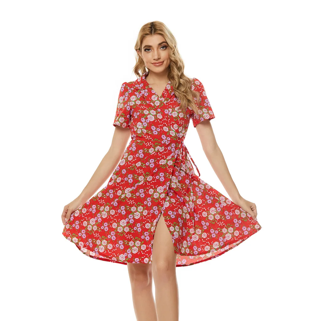 

2021 New Suit Collar Cotton Chiffon Print Short Sleeve Women's Dress European And American Fashion Cool Seaside Travel Clothes