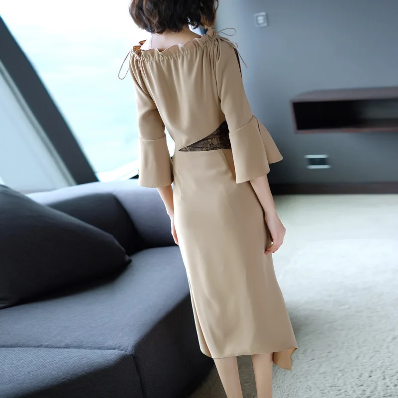 Весенне летнее женское вечернее платье миди с вырезом лодочкой одноцветные