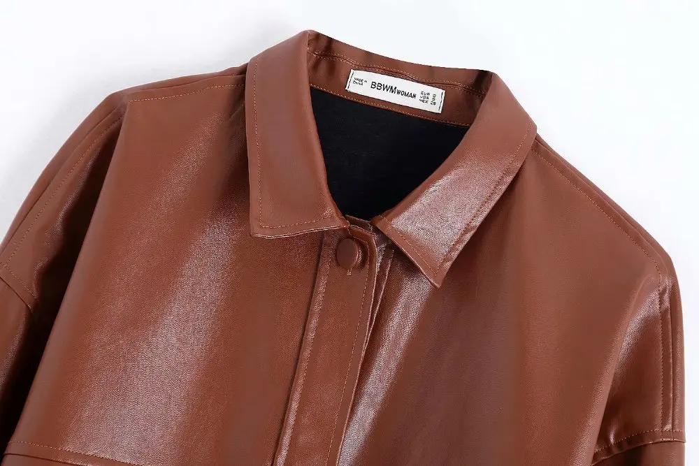 Осенняя черная блузка-рубашка из искусственной кожи с длинным рукавом и отворотами, пояс с карманами, Женская прямая однотонная блуза с поясом