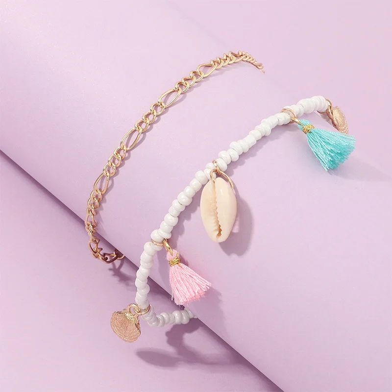 Браслеты на лодыжку женские с натуральной ракушкой анклеты кисточками и белыми