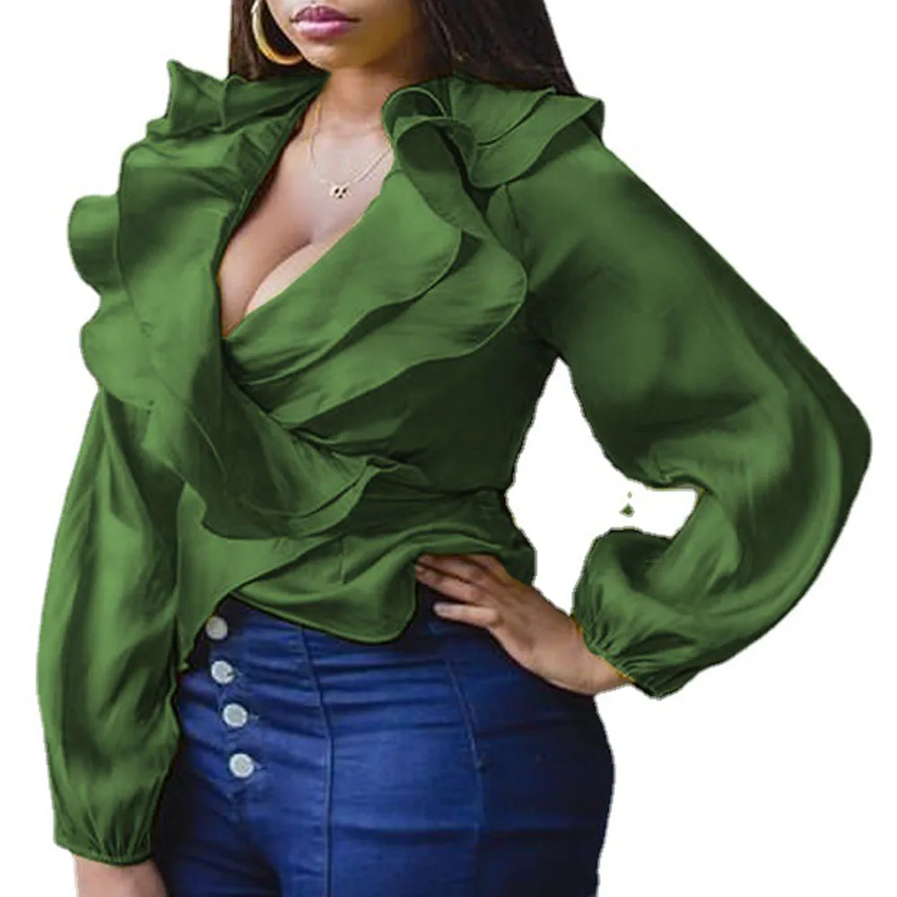 

Autumn New Sexy Deep V-neck Puff Sleeve Ruffle Loose Solid Color Blouse Europe America 2021 African Fashion Casual Solid Color