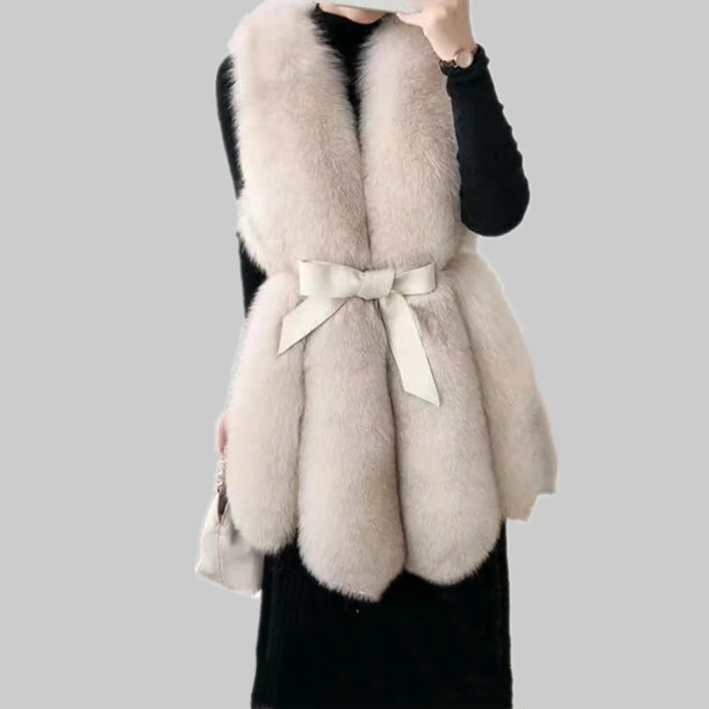 Women Winter Overcoat Fashion Sleeveless Thick Warm Faux Fur Vest Coat Casual Street Wear Faux Fox Fur Jacket Waistcoat