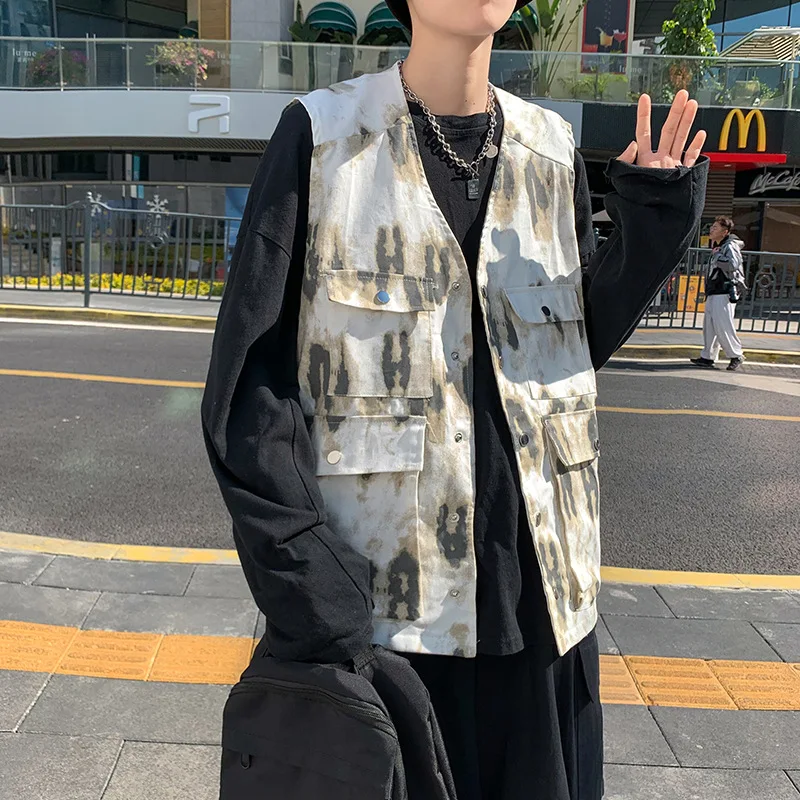 

Spring and autumn vest men's new Korean in tie dyed Vest Jacket fashion men motorcycle denim Cardigan vest for man mens clothing