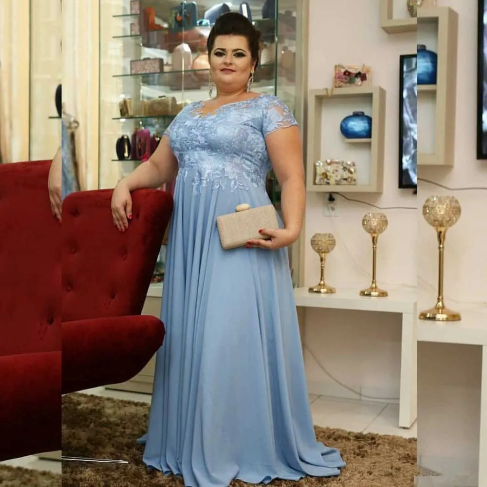 Sevintage Blue Empire Chiffon Mother of the Bride Dress Short Sleeve Lace Wedding Gowns Plus Size vestido de madrinha | Свадьбы и