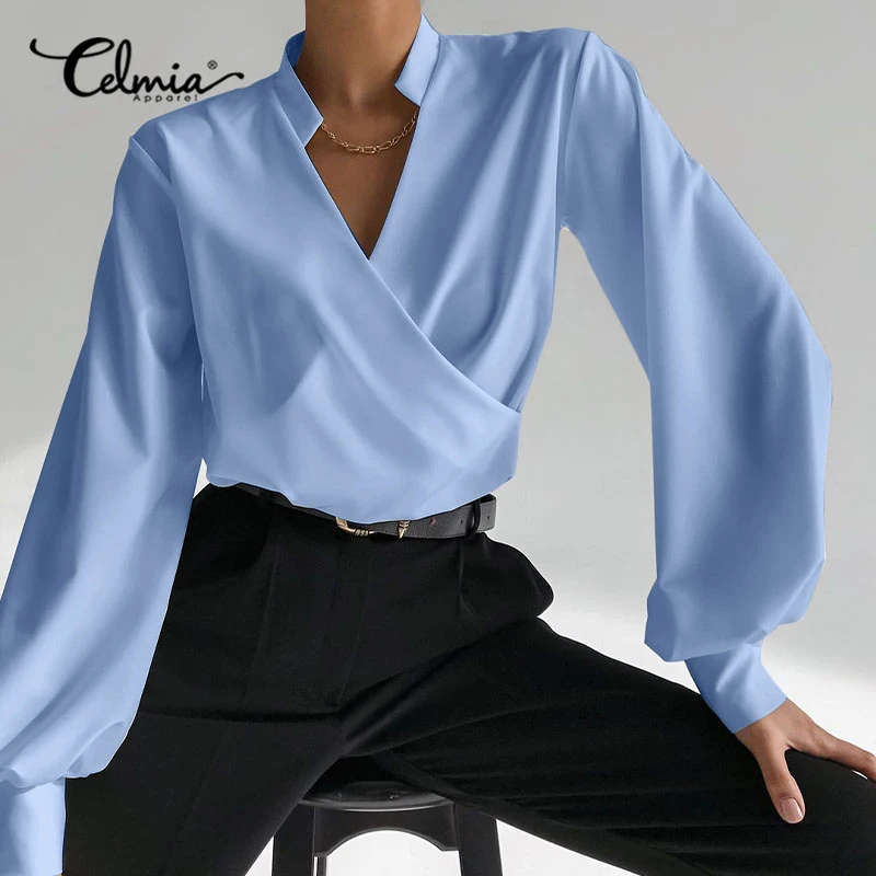 

Women's Elegant Irregular Blouse Celmia Sexy V Neck Casual Loose Solid Blusas Long Lantern Sleeve Fashion Streetwear Tunic Tops